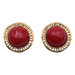 Chanel Vintage Round Gold Metal Clip On Red Cabochon Earrings