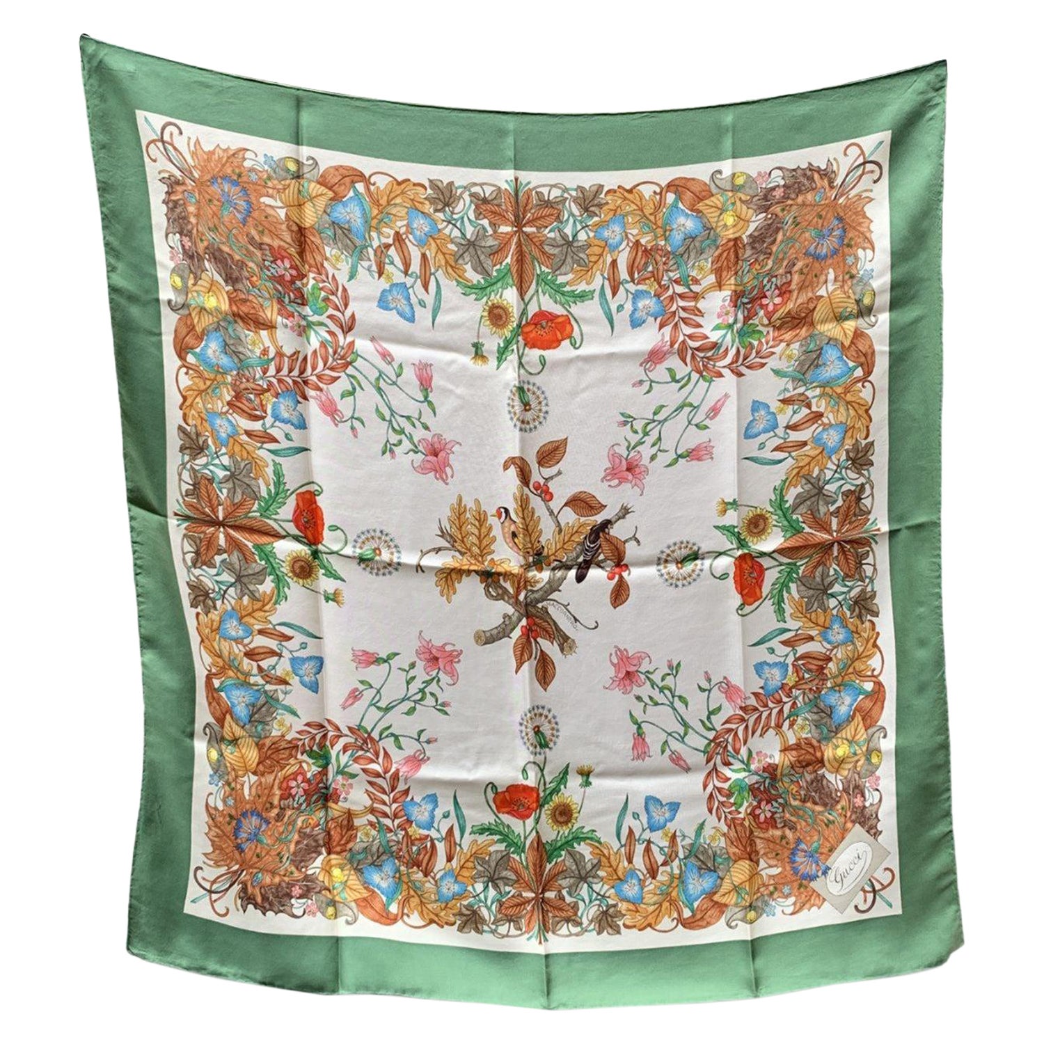 Gucci Vintage Green Accornero Fall Themed Birds Floral Silk Scarf For Sale