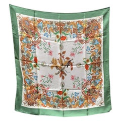 Gucci Retro Green Accornero Fall Themed Birds Floral Silk Scarf