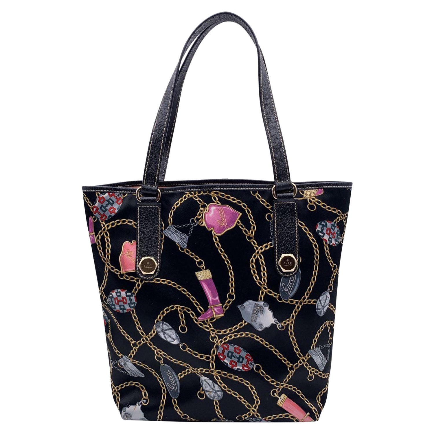 Gucci Black Multicolor Satin Charms cnad Chain Print Tote Bag