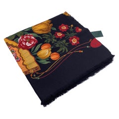 Gucci Retro Wool and Silk Large Shawl Maxi Scarf Flowers and Fans