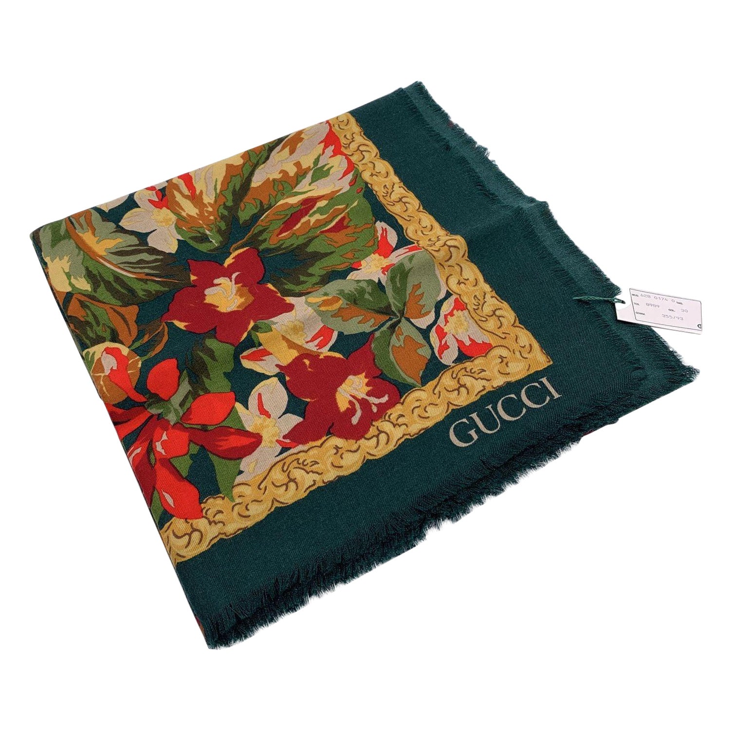 Gucci Vintage Green Wool and Silk Large Shawl Maxi Scarf Floral For Sale
