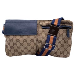Gucci Monogram Canvas Leather Double Pocket Belt Bag Blue Orange