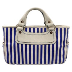 Celine Blue White Striped Canvas Boogie Bag Satchel Tote Handbag