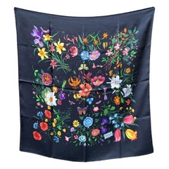 Gucci Vintage Black Background Flora Silk Scarf Floral Pattern