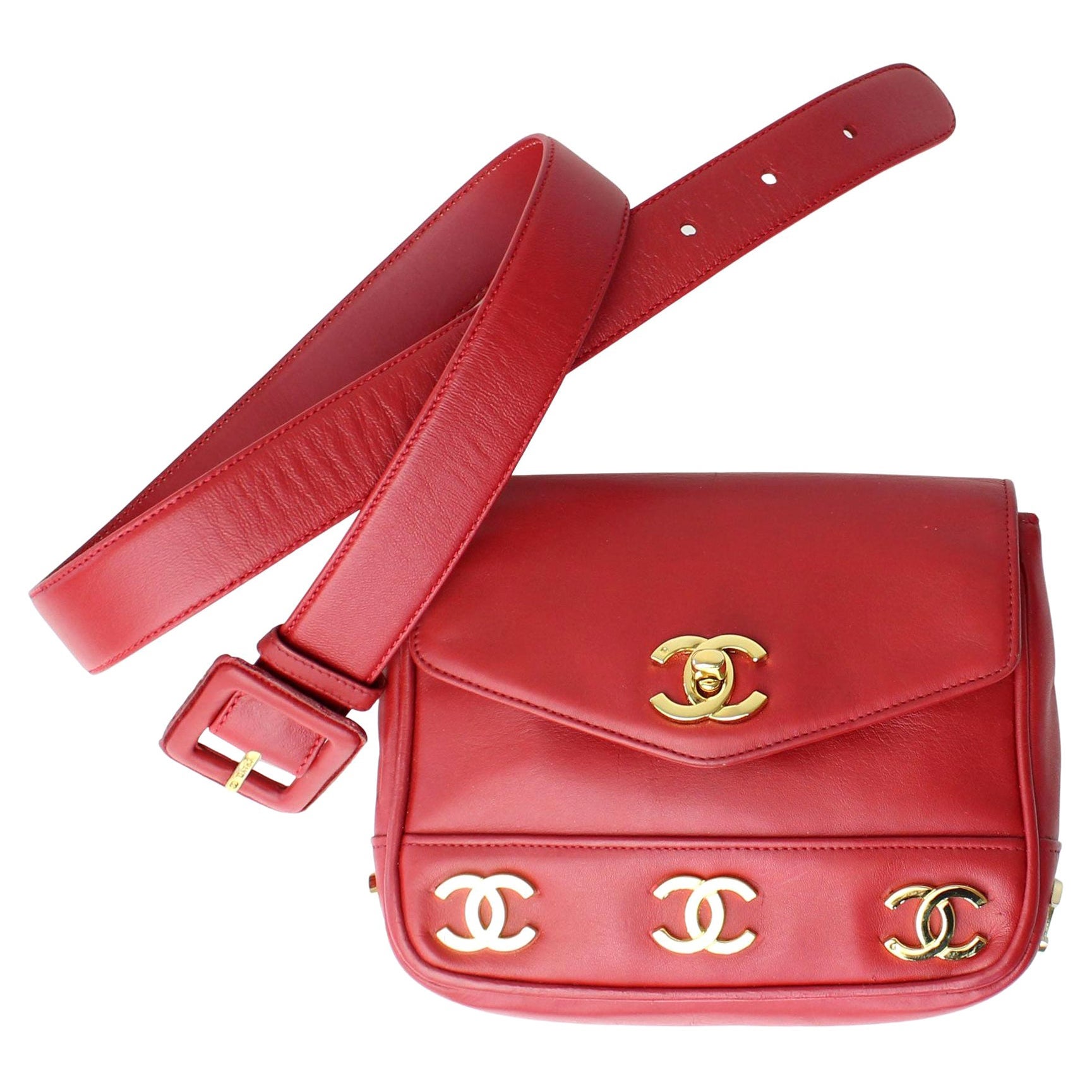 Chanel Vintage 1991 Rare Red Triple Cc Logos Waist Belt Fanny Pack Bum Bag  For Sale