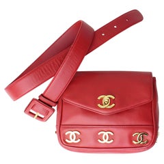 Chanel Retro 1991 Rare Red Triple Cc Logos Waist Belt Fanny Pack Bum Bag 