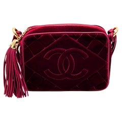 Chanel 1991 Rare Mini Retro Red Burgundy Velvet Fringe Tassel Camera Tote