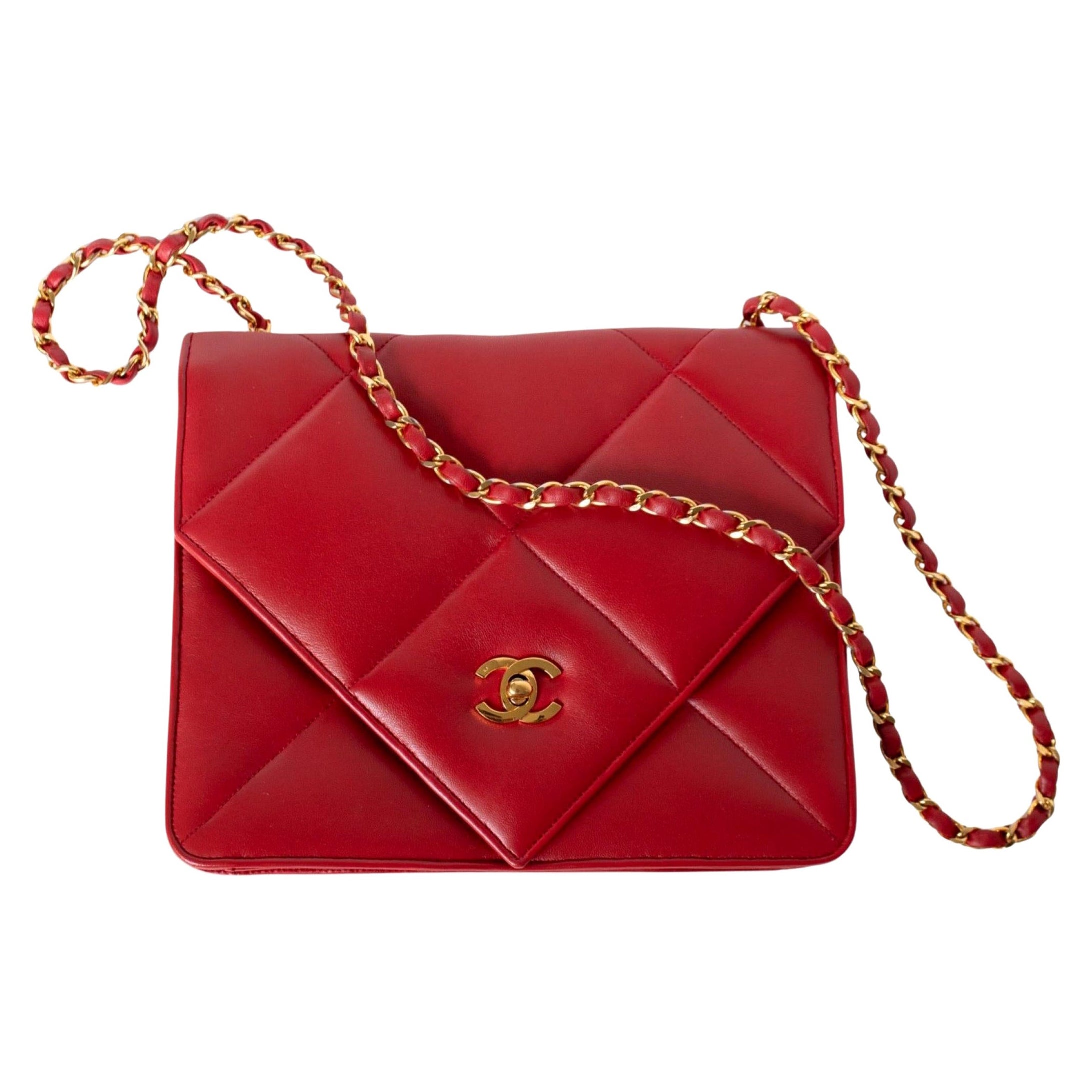 Classic Chanel 19 Vintage Rare 90s Jumbo Lambskin Red Envelope Flap Bag  For Sale