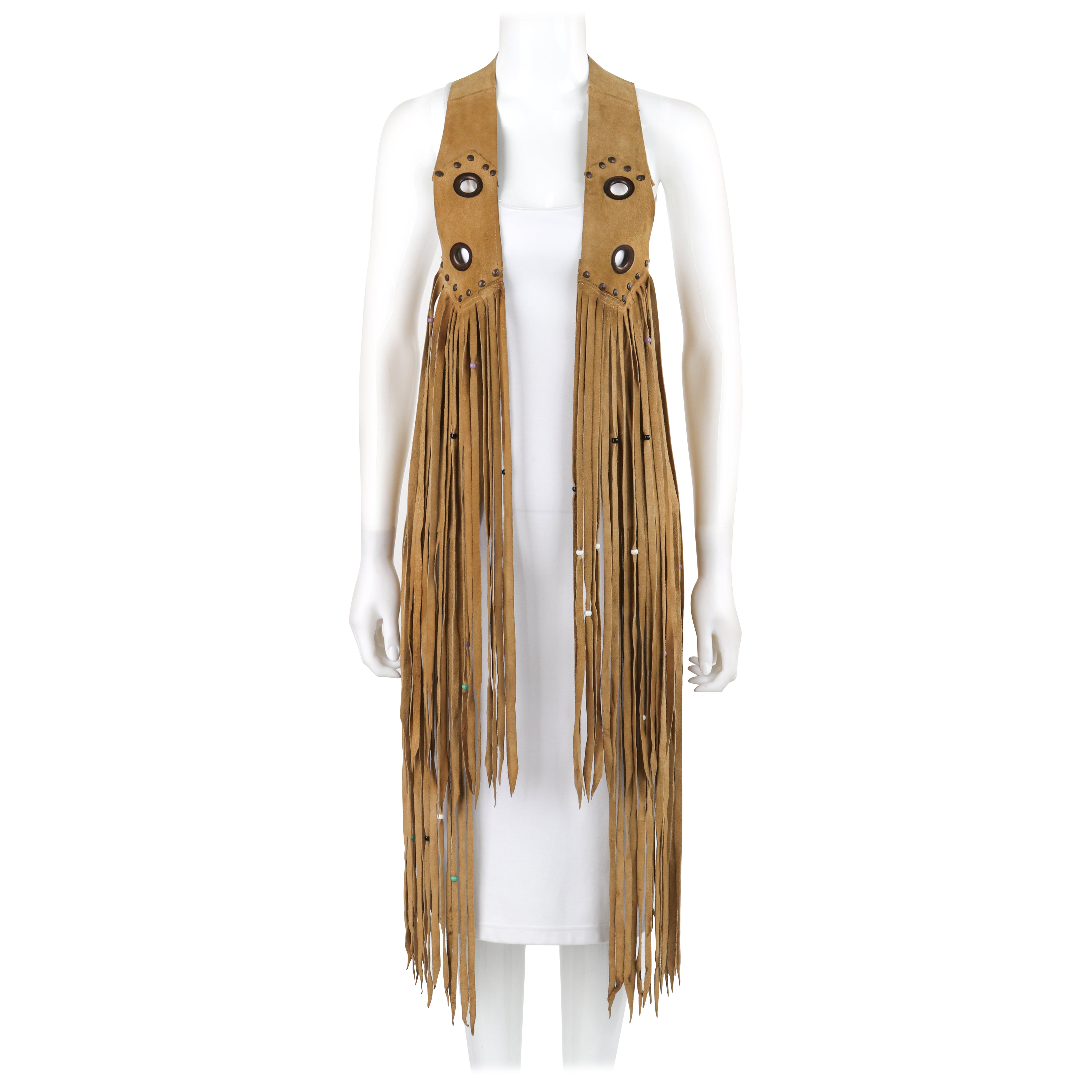 VINTAGE c.1970's Tan Suede Leather Beaded Long Fringe Tassel Open Vest Top For Sale