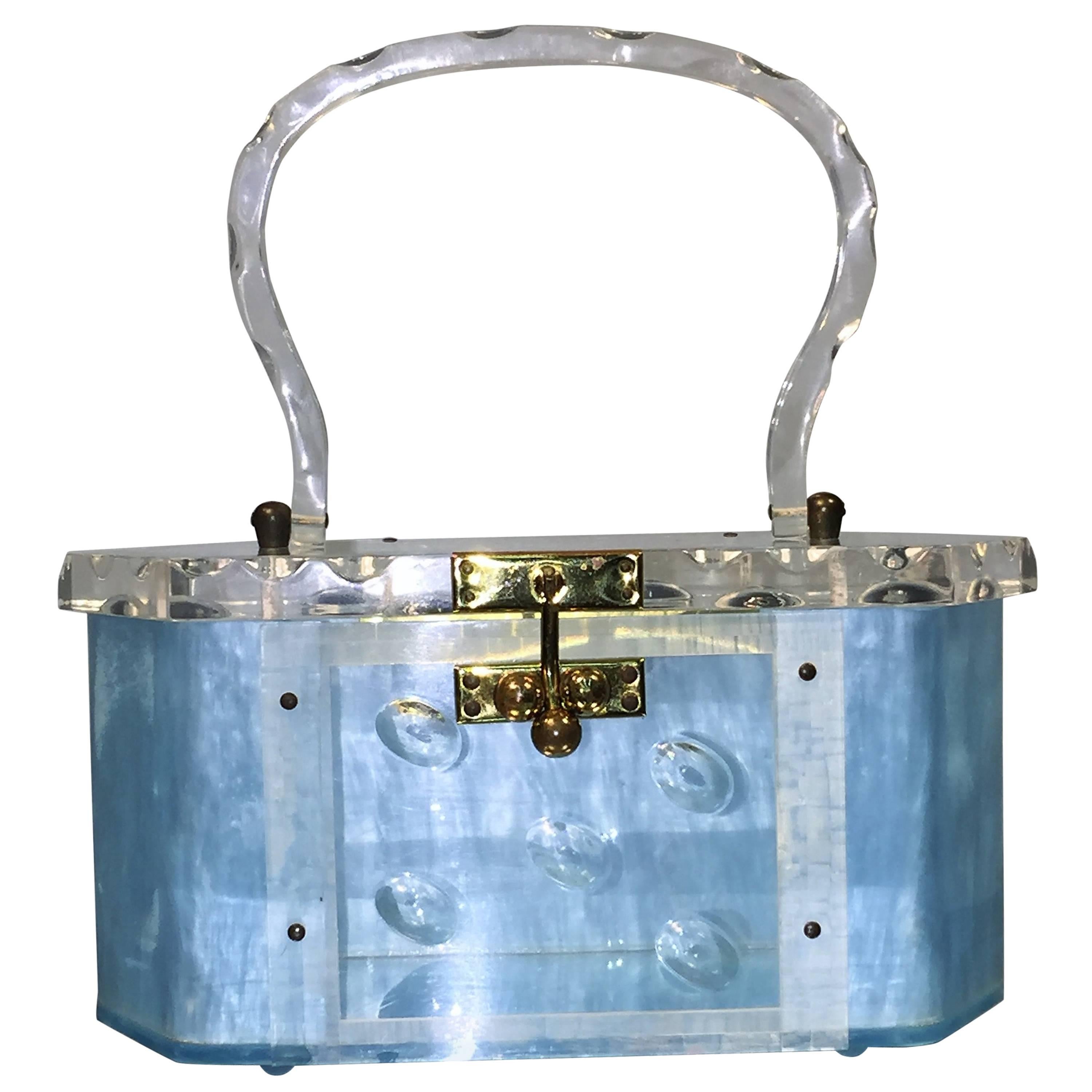 Rare Aqua Blue 1950's Lucite Handbag For Sale