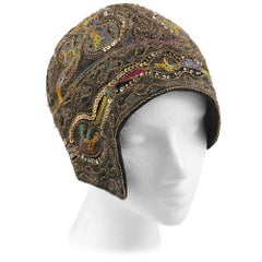 COUTURE c.1920 Metallic Gold Embroidered Sequin Silk Flapper Cloche Evening Hat