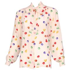 1970's Gucci Silk Blouse Featuring Print of Multi-Colored Fruit & Neck Ties