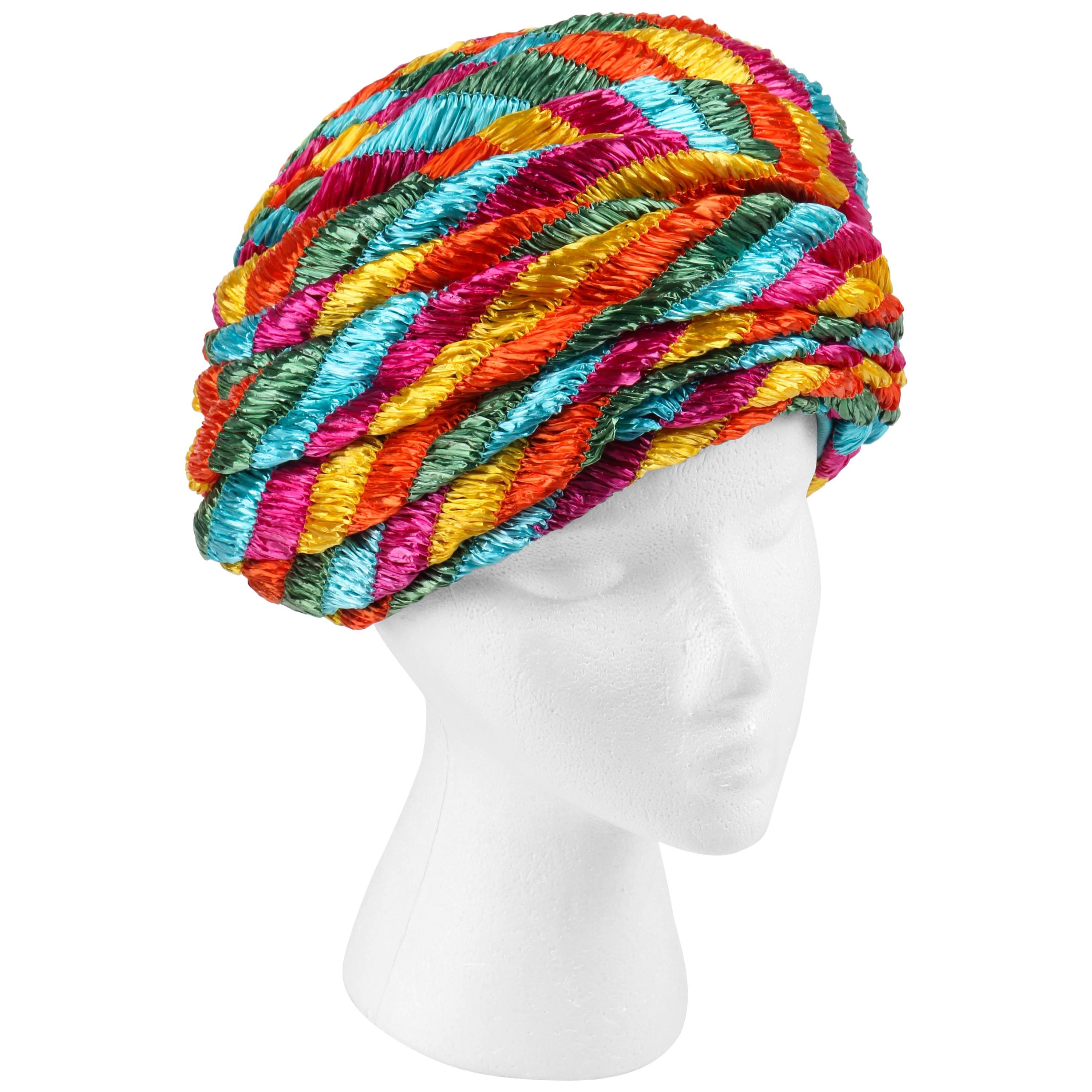 CHRISTIAN DIOR Chapeaux c.1960's Multicolor Straw Pleated Beehive Turban Hat