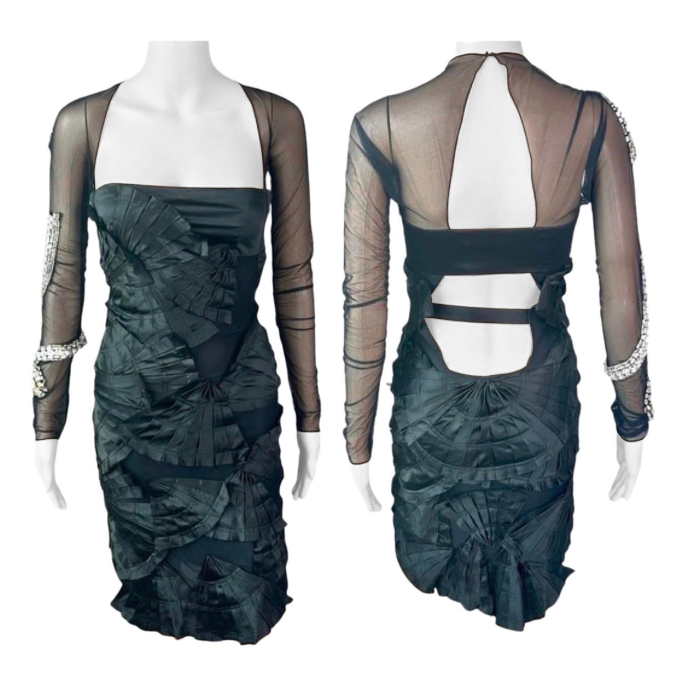 Tom Ford for Gucci S/S 2004 Runway Schwarzes Kleid mit Schlangenverzierung und transparentem Ausschnitt im Angebot