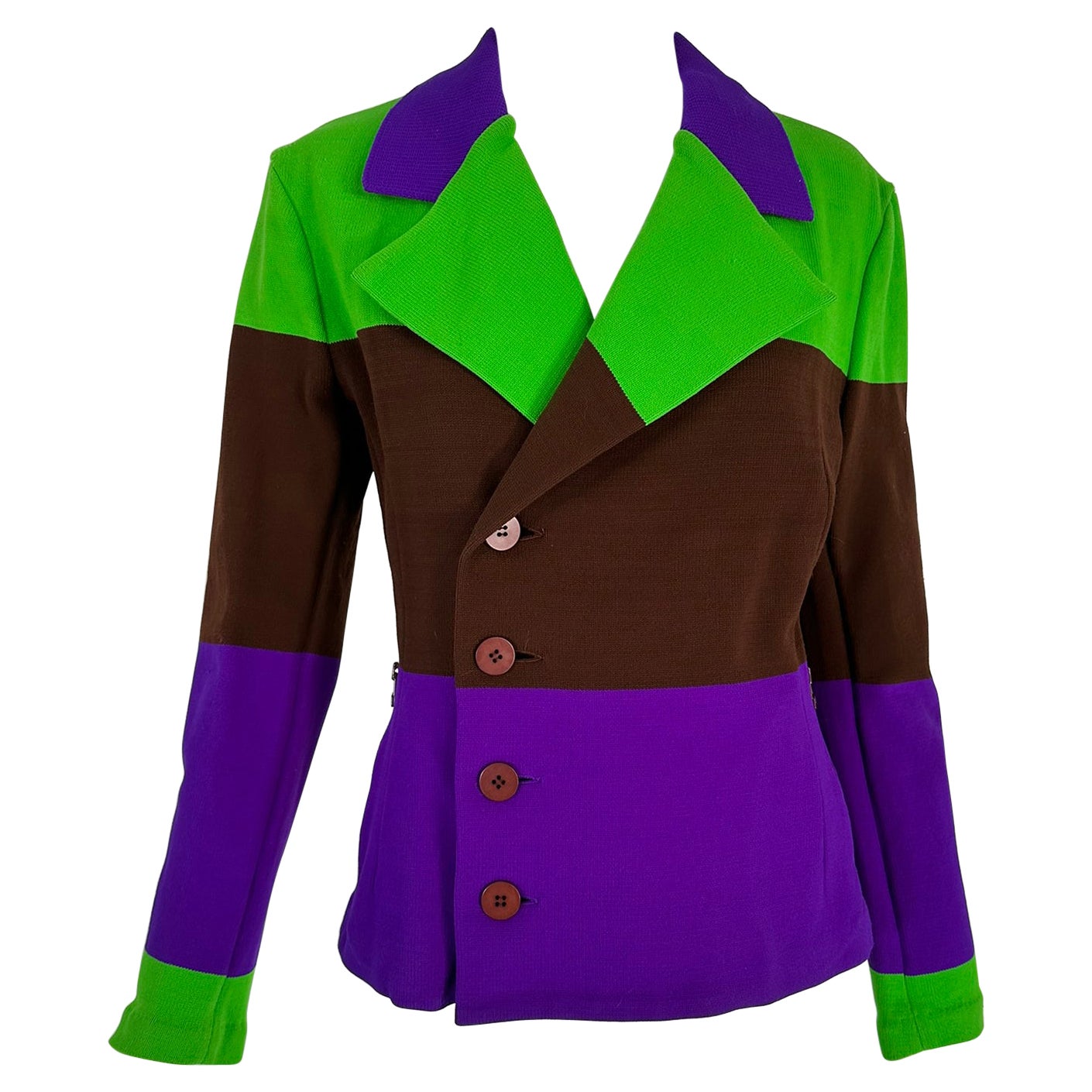 Issey Miyake Colour Block Nylon Knit Jacket in Acid Green Brown & Purple Small For Sale