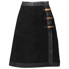 Vintage 1970's Gucci Black Suede Skirt W/Leather Trim & Gold tone Buckle Fasteners
