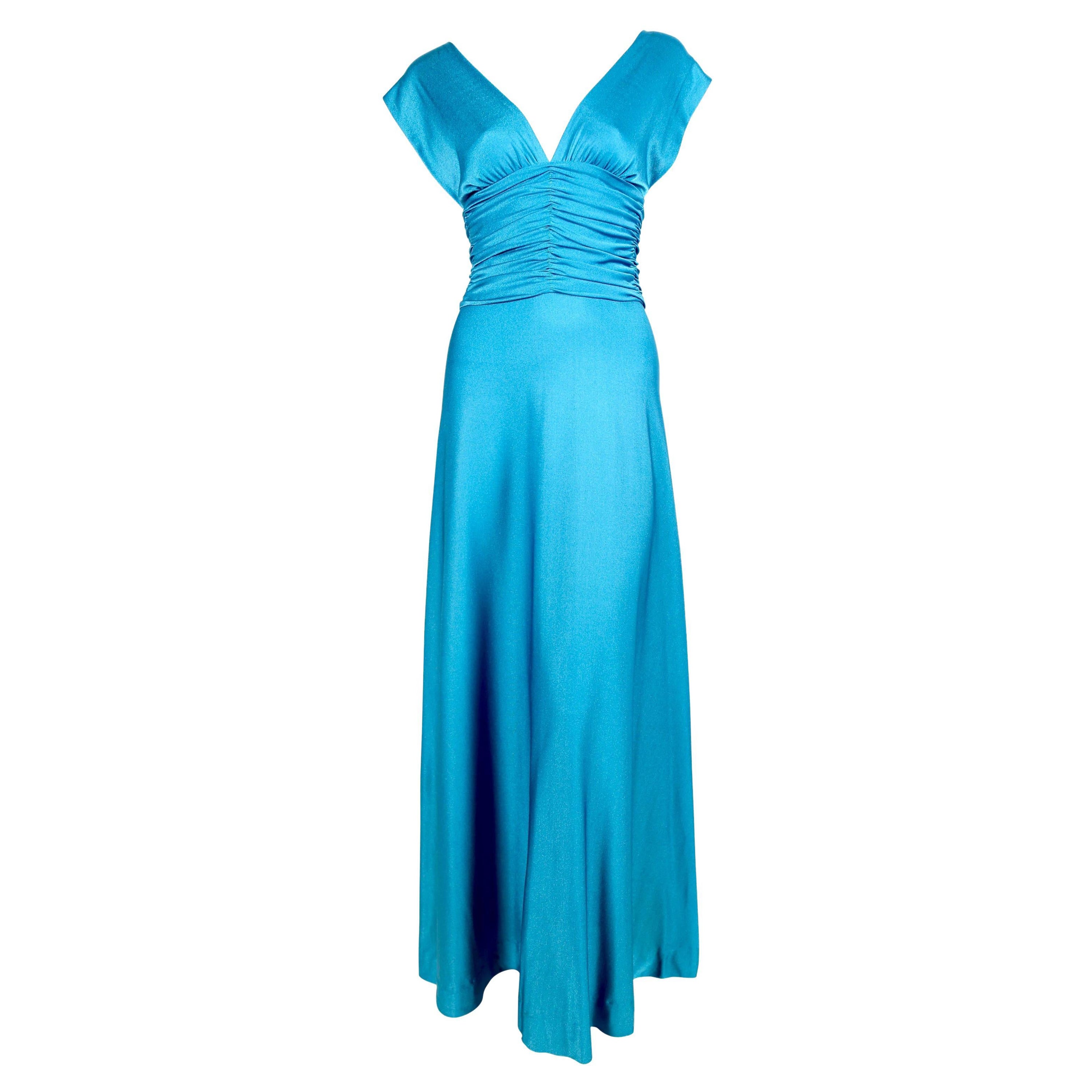 1970's LORIS AZZARO turquoise jersey dress with ruching For Sale