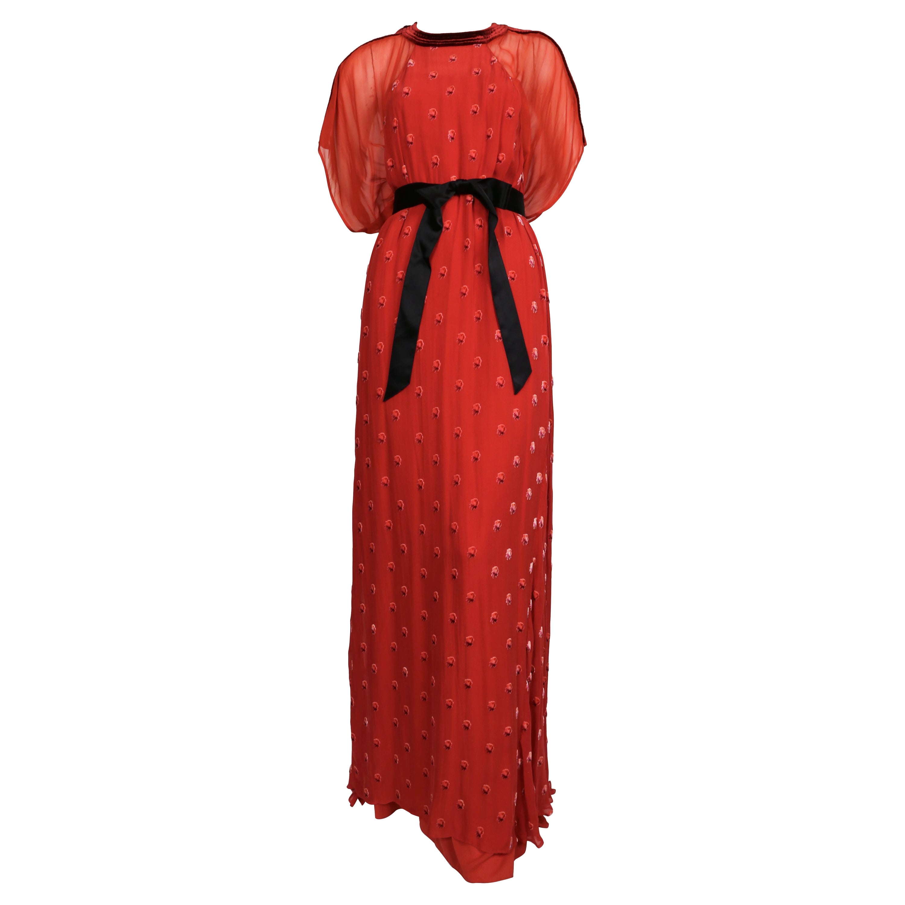 2020 VALENTINO red silk dress with velvet flowers and trim For Sale