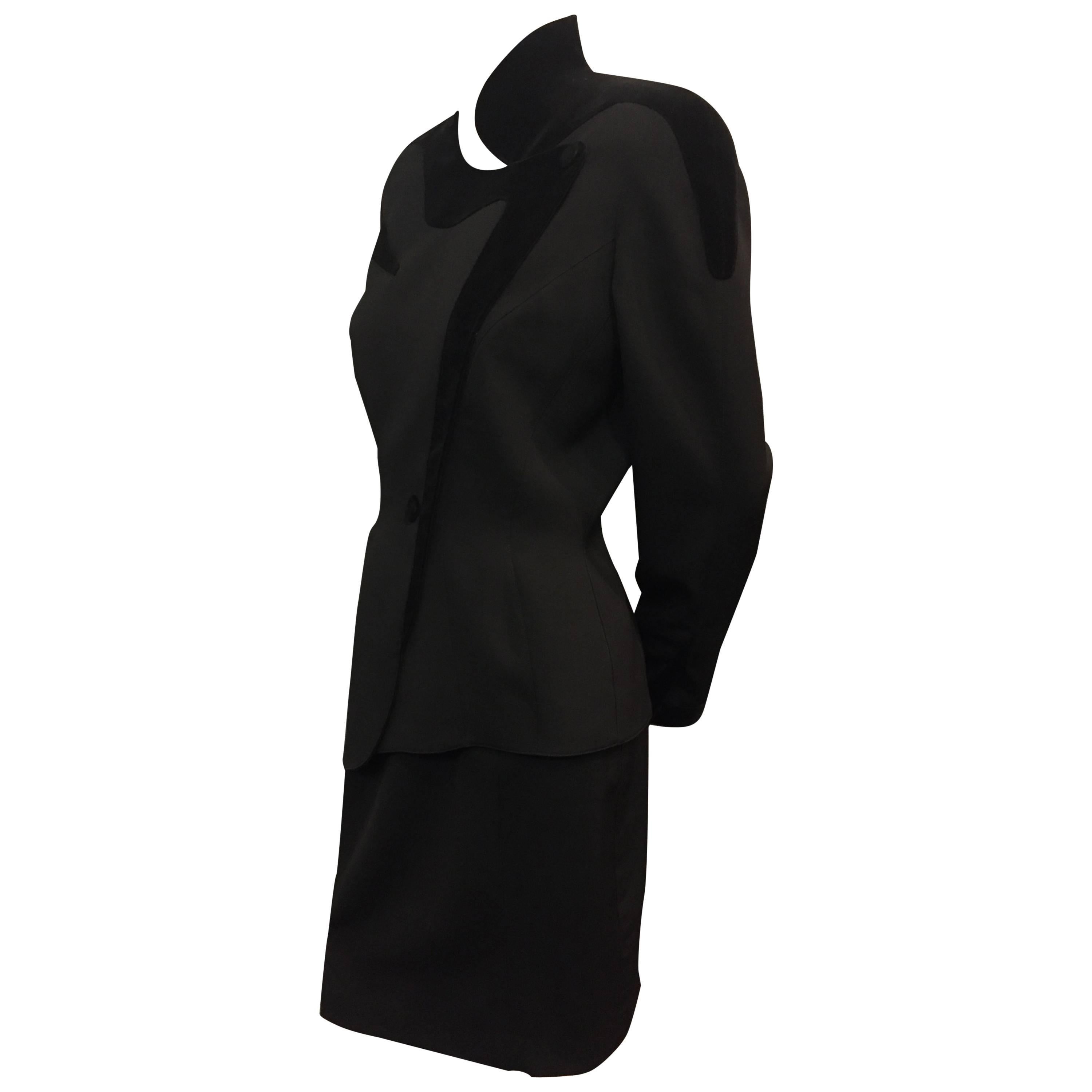 1980s Thierry Mugler Iconic Wasp-Waist Black Wool and Velvet Asymmetrical Suit