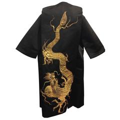 1950s Black Silk Satin Evening Coat w Stunning Antique Gold Chinese Dragon