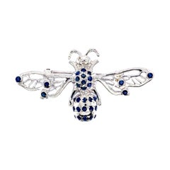 Handcrafted Blue Sapphire and Diamond Bee Insect Brooch in Sterling Silver