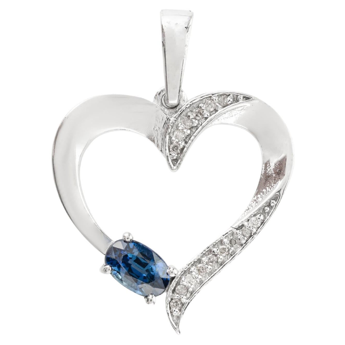 Natural Blue Sapphire Diamond .925 Silver Heart Pendant Valentine Gift for Her