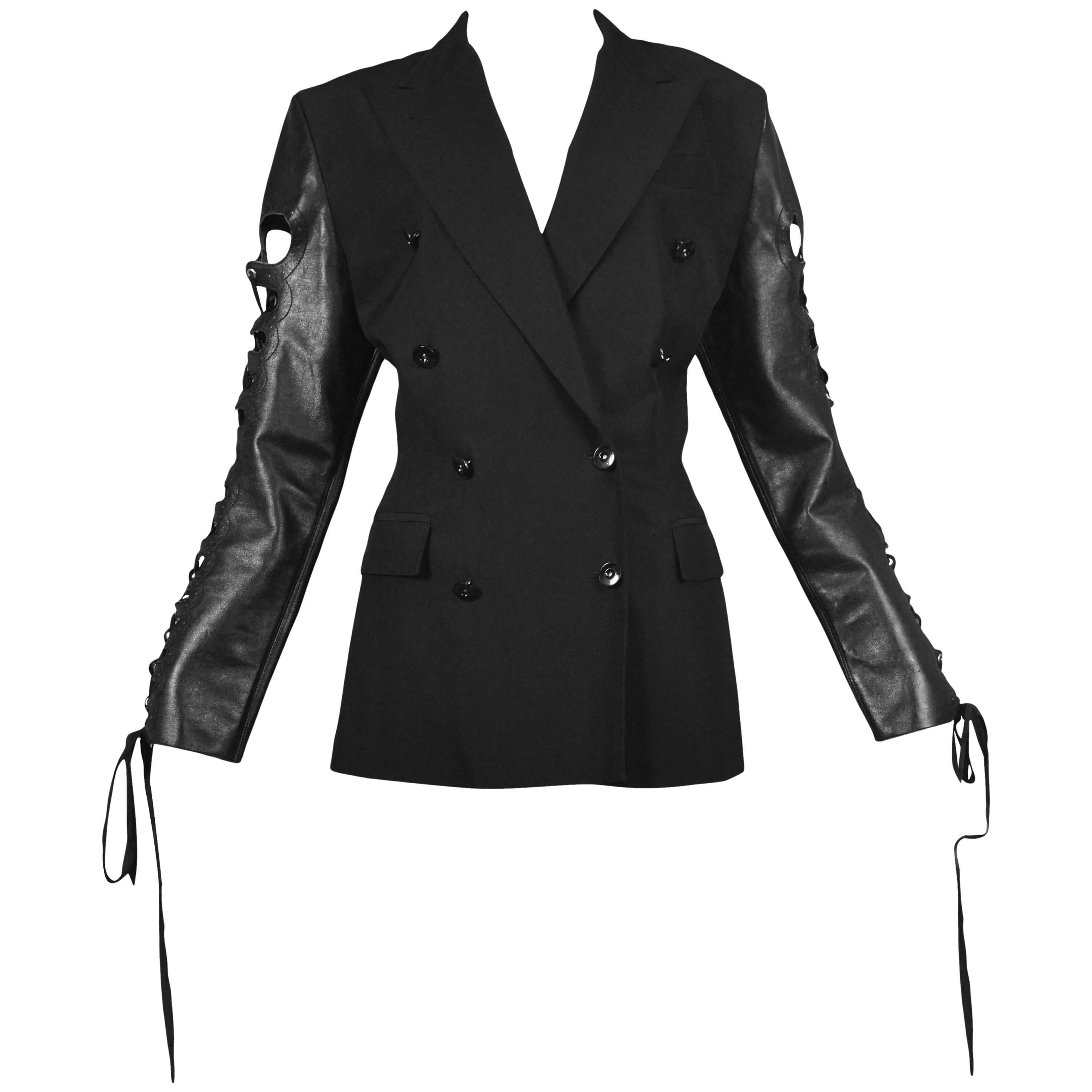 Gaultier Black Leather Lace Up Sleeve Jacket
