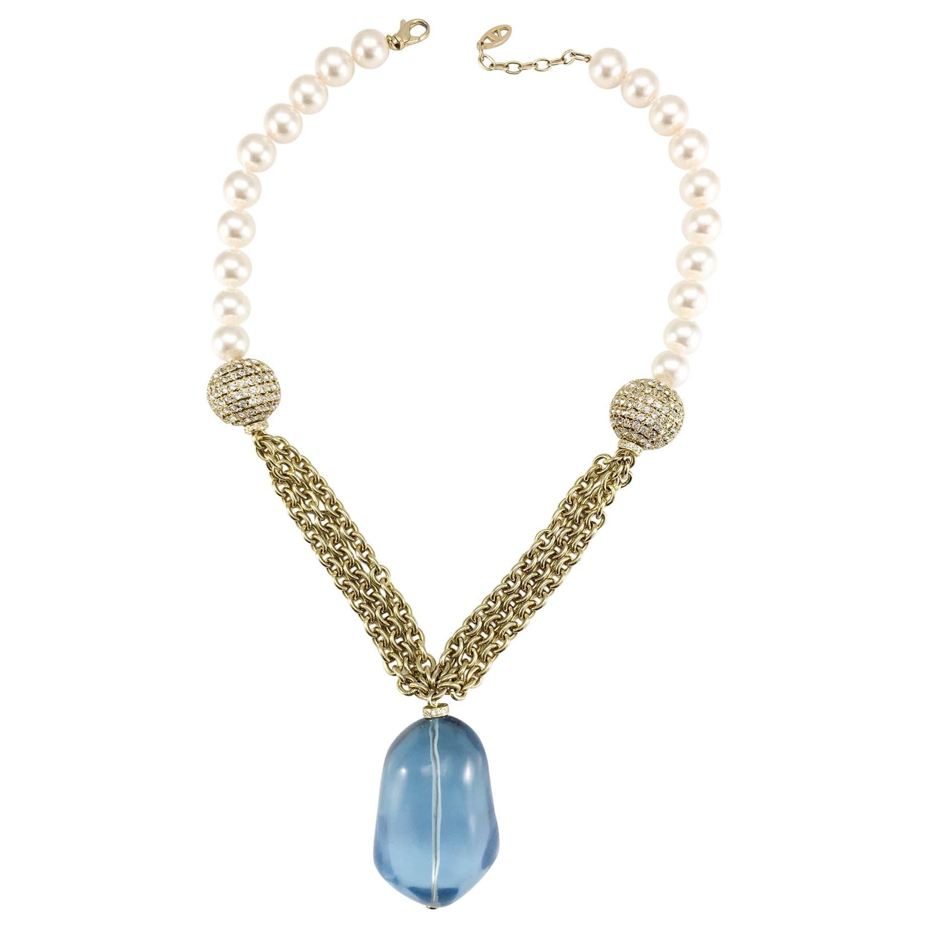 Valentino Pearl, Chain and Large Blue Pendant Necklace 