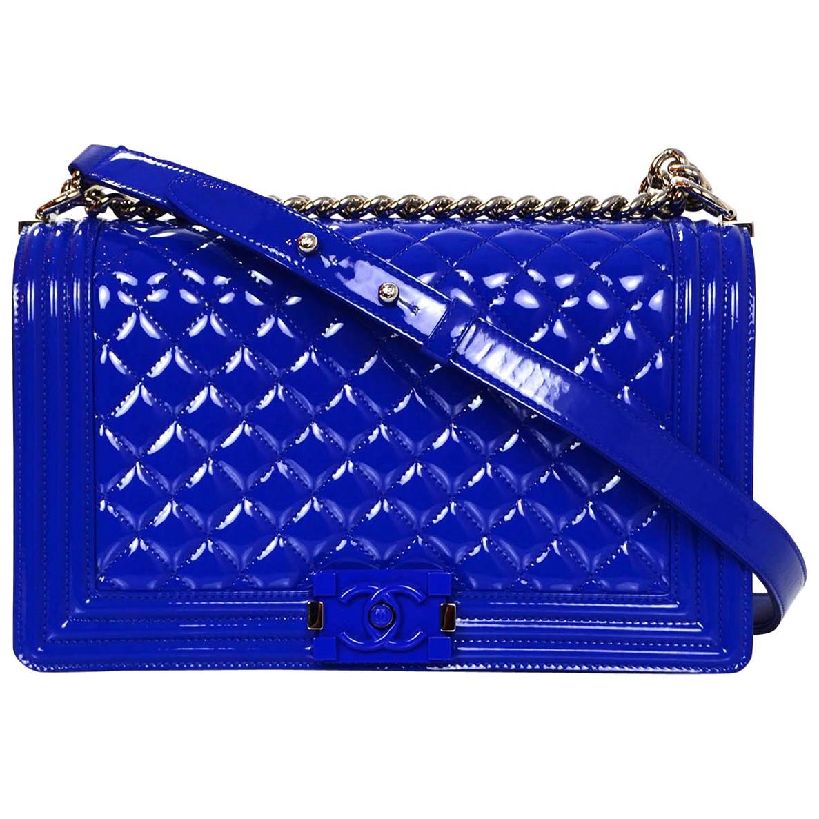 Chanel Blue Patent Leather and Plexi Glass New Medium Boy Bag For Sale
