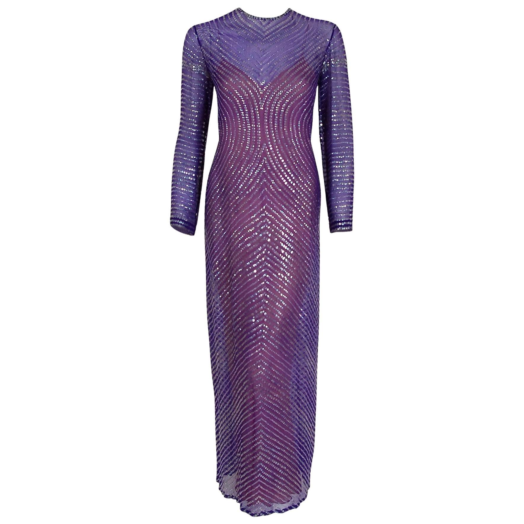 1977 Halston Purple Illusion Sequin Silk Chiffon Long-Sleeve Evening Dress Gown