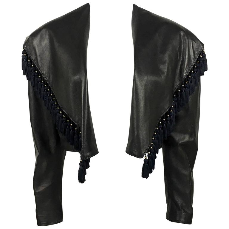 Gianni Versace Black Leather Jacket With Tassel Embellished Collar Gianni Versace Black Leather Jacket With Tassel Embellished Collar 1980s For