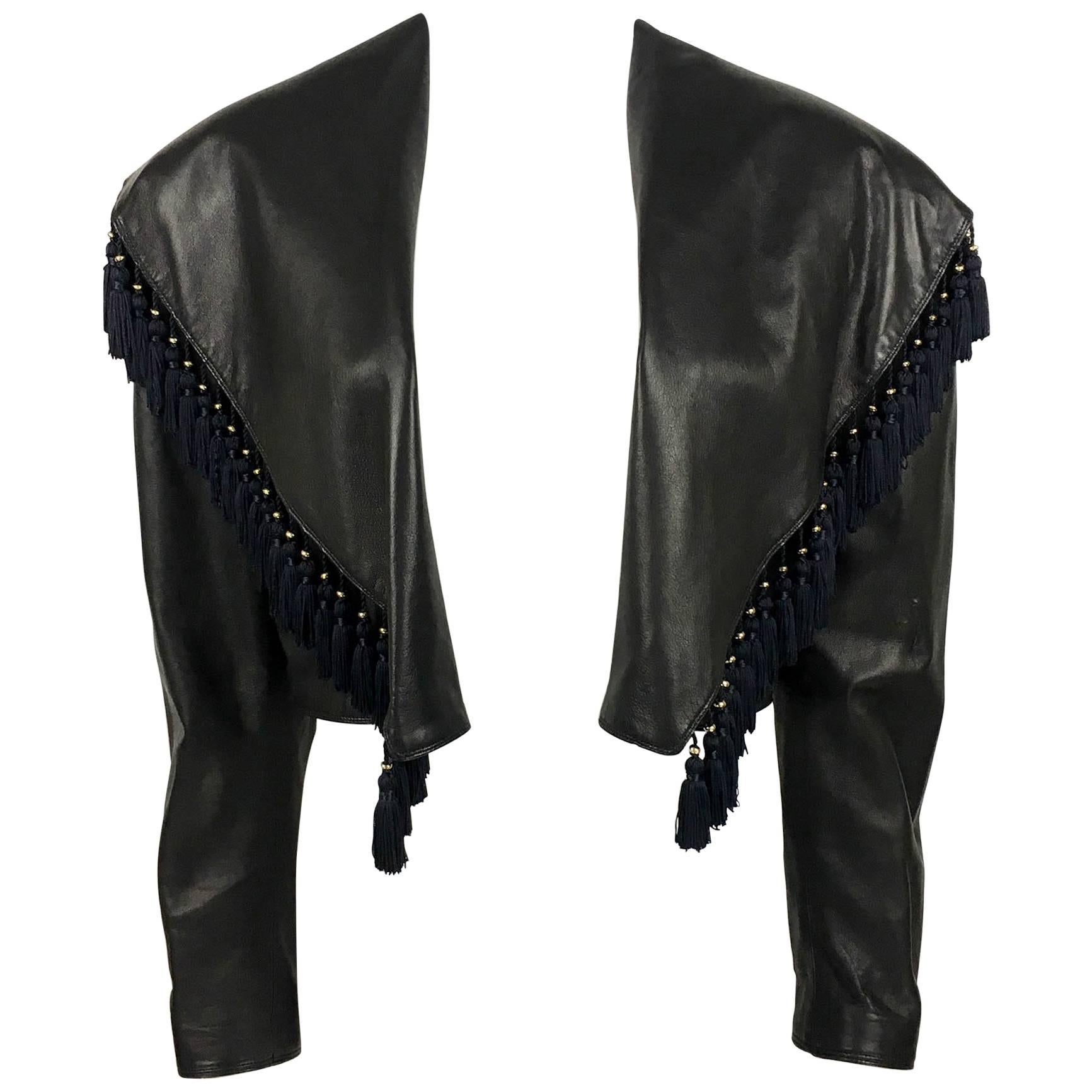 Gianni Versace Black Leather Jacket With Tassel Embellished Collar, 1980s