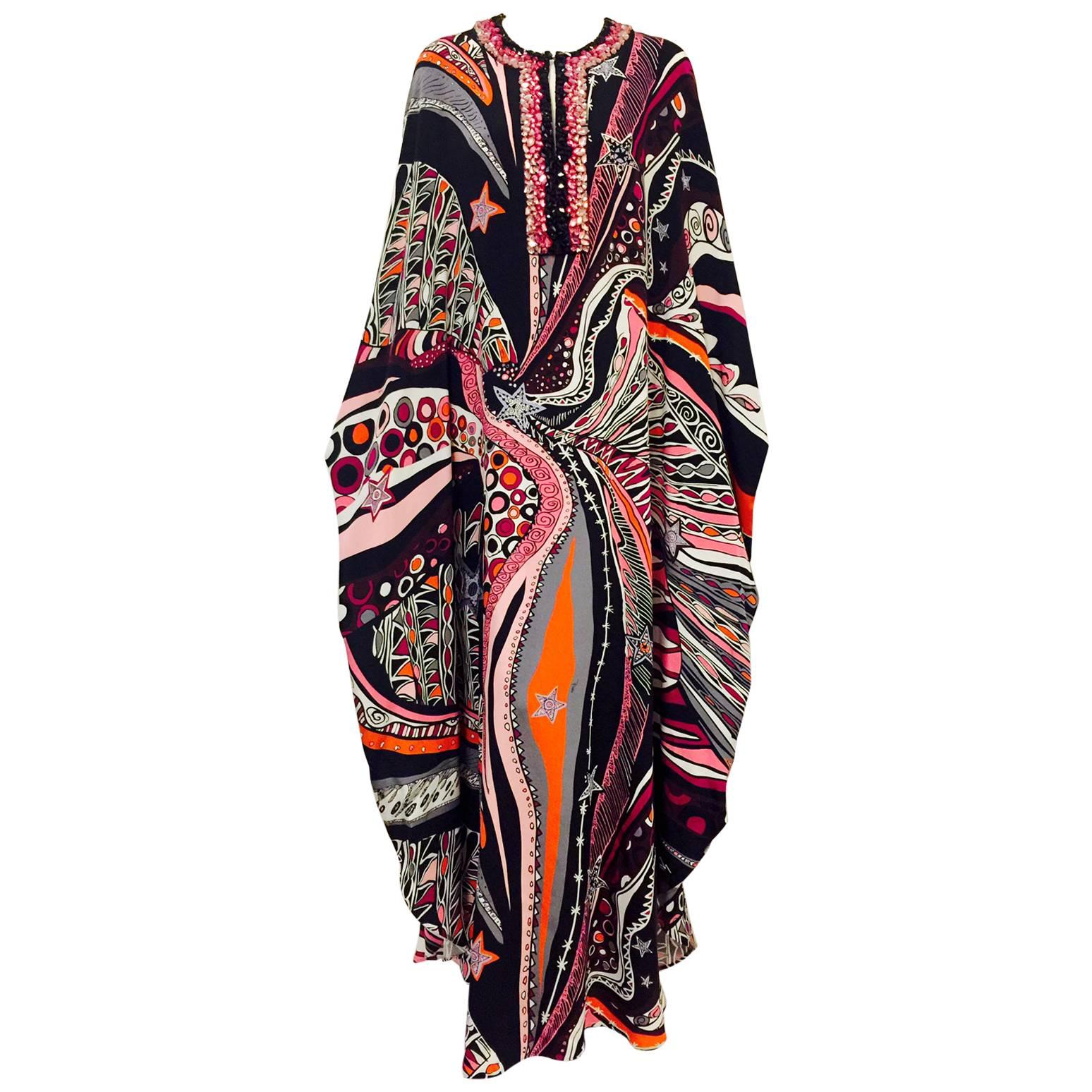 NWT Emilio Pucci Abstract Print Silk Cady Caftan With Embellishments