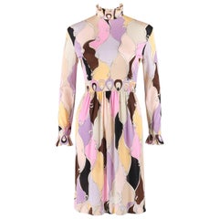 EMILIO PUCCI c.1960's Multicolor Pastel Abstract Diamond Print Mock Neck Dress 