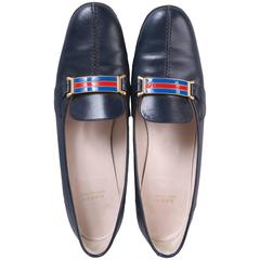 1970's Gucci Navy Leather Loafers Heels w/GoldTone &Racer Stripe Enamel Hardware 1