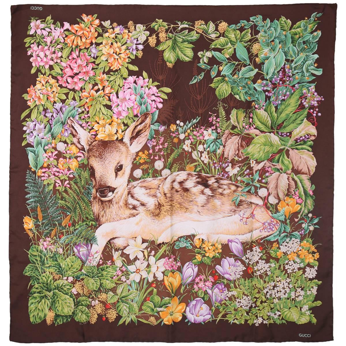 Vintage Gucci 100% Silk Scarf Featuring a Baby Deer Fawn Framed by Flowers