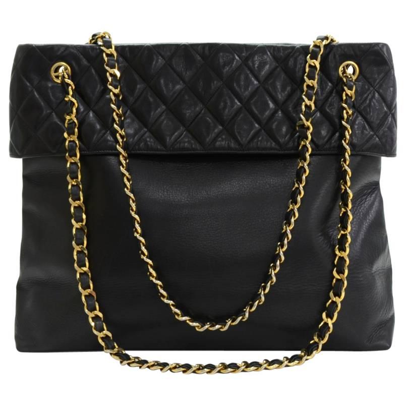Vintage Chanel Black Lambskin Leather Large Tote Bag