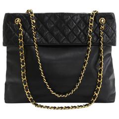Vintage Chanel Black Lambskin Leather Large Tote Bag