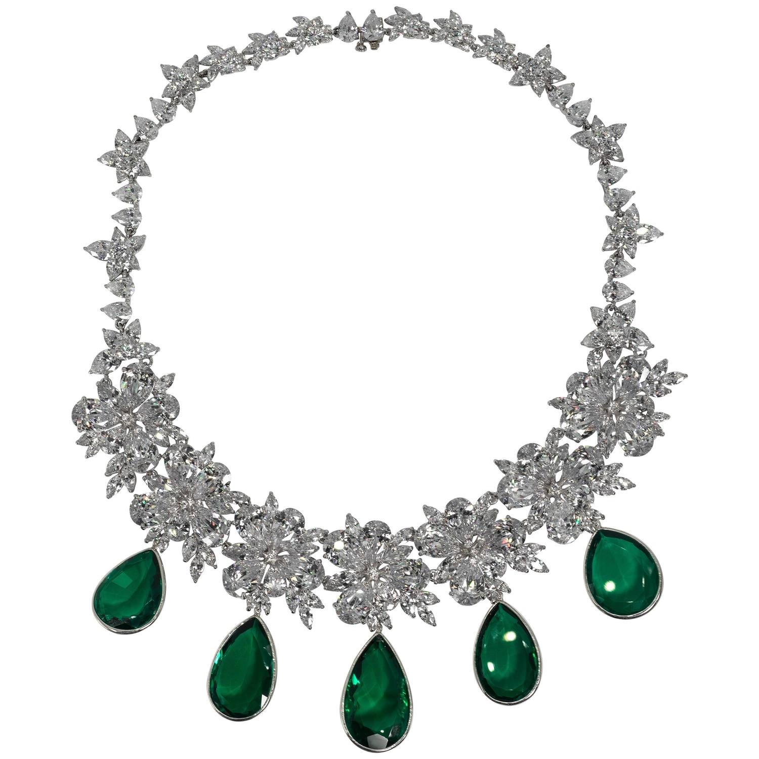 Maharajah Jewel Collection Amazing Faux Diamond Emerald Necklace For Sale at 1stdibs