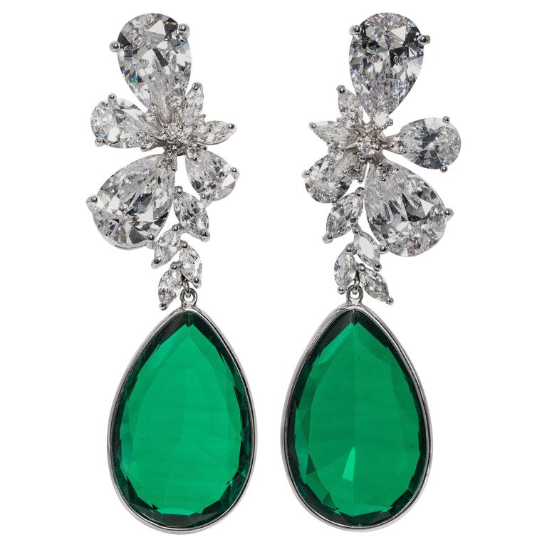 Magnificent Costume Jewelry Large Diamond Emerald Earrings At 1stdibs Magnificent Costume Jewelry Large Diamond Emerald Earrings For