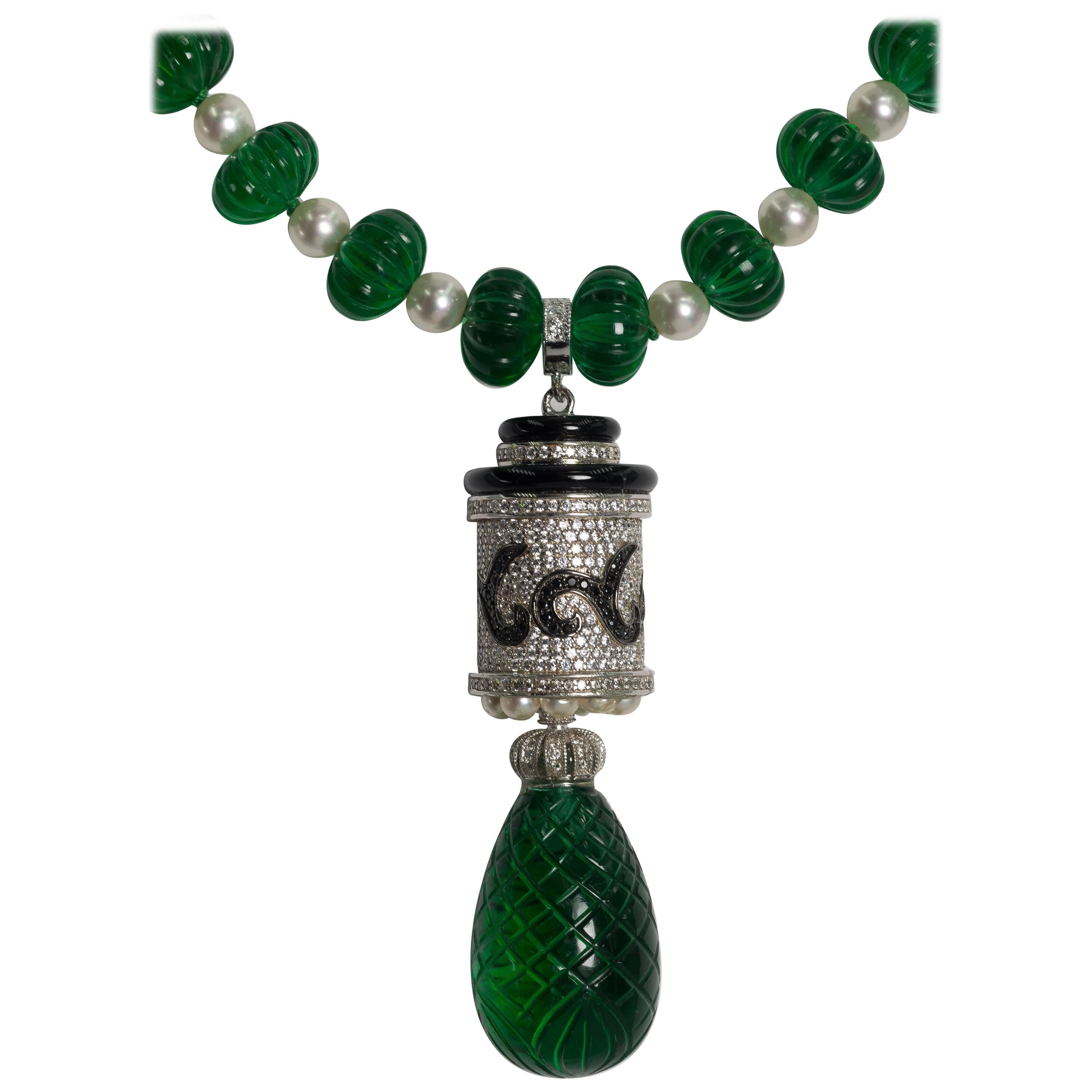 Magnificent Costume Jewelry Art Deco Style Emerald Bead Diamond Drop Necklace