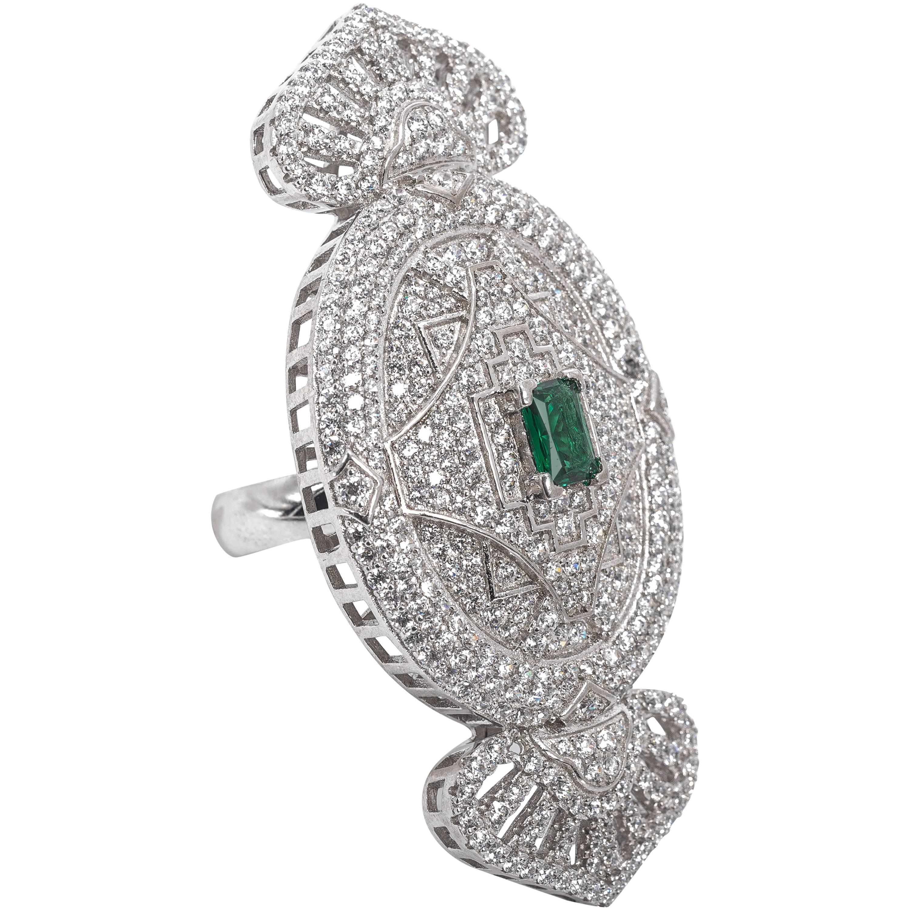 1920s Style Faux Diamond Emerald Large Cocktail Ring