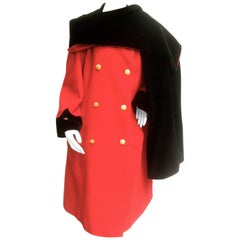 Escada Cherry Red Wool Black Velvet Trim Coat c 1990
