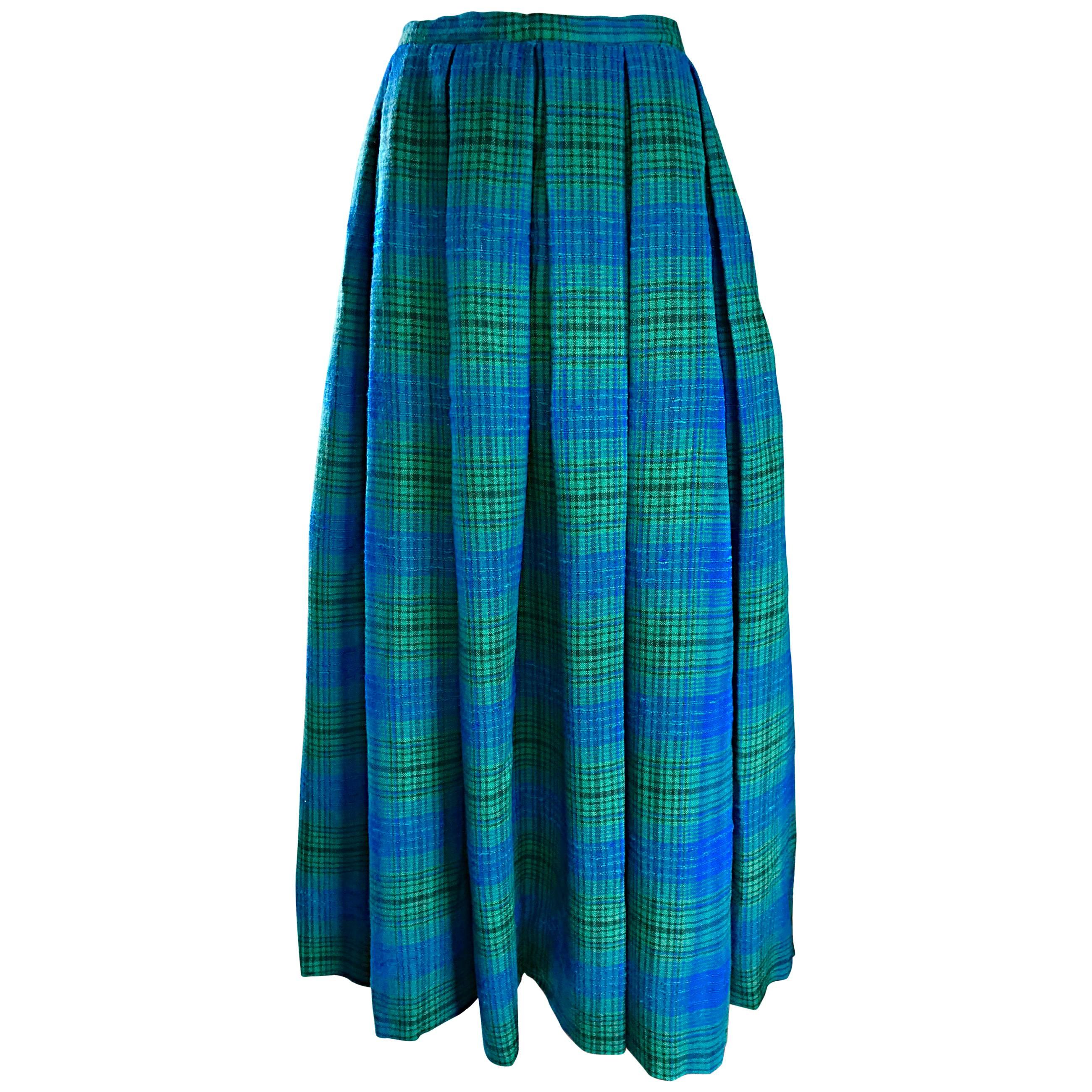 1950s Henri Bendel Blue and Green Chic Vintage 50s Virgin Wool Full Maxi Skirt 