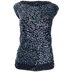 Larger Size 1950s Londoner Black Sequined Wool Sleeveless Vintage Sweater Top 8