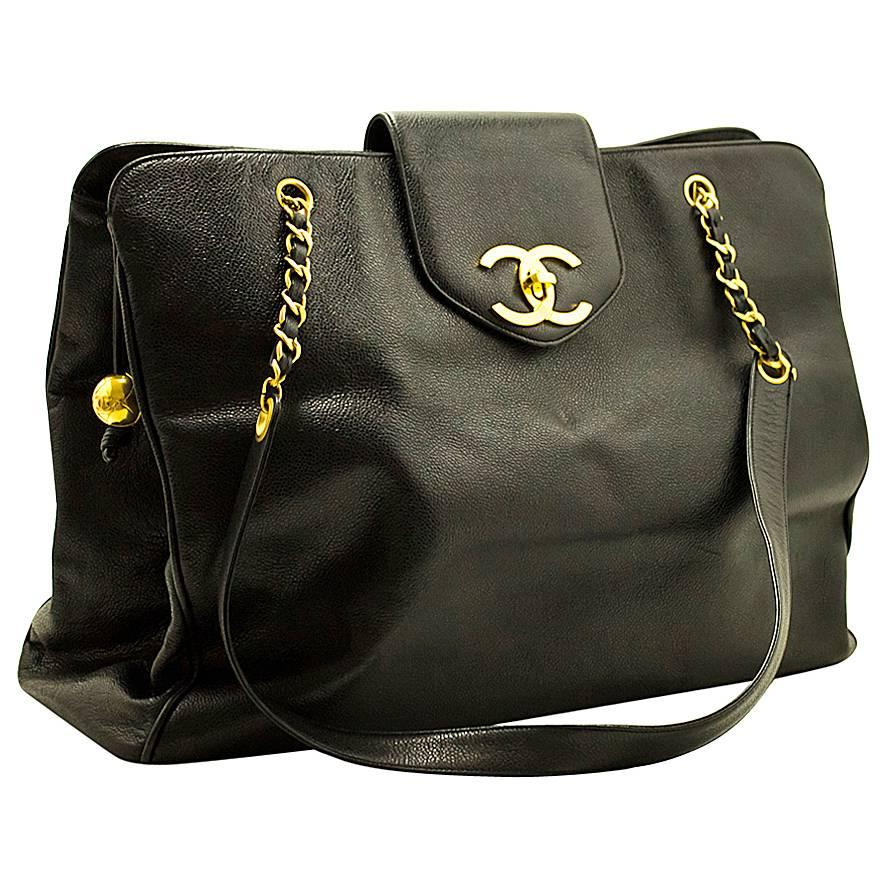 CHANEL Caviar Supermodel Jumbo Maxi Chain Shoulder Bag Black Large