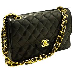 Vintage CHANEL Double Flap Chain Shoulder Bag Black Quilted Lambskin Small 