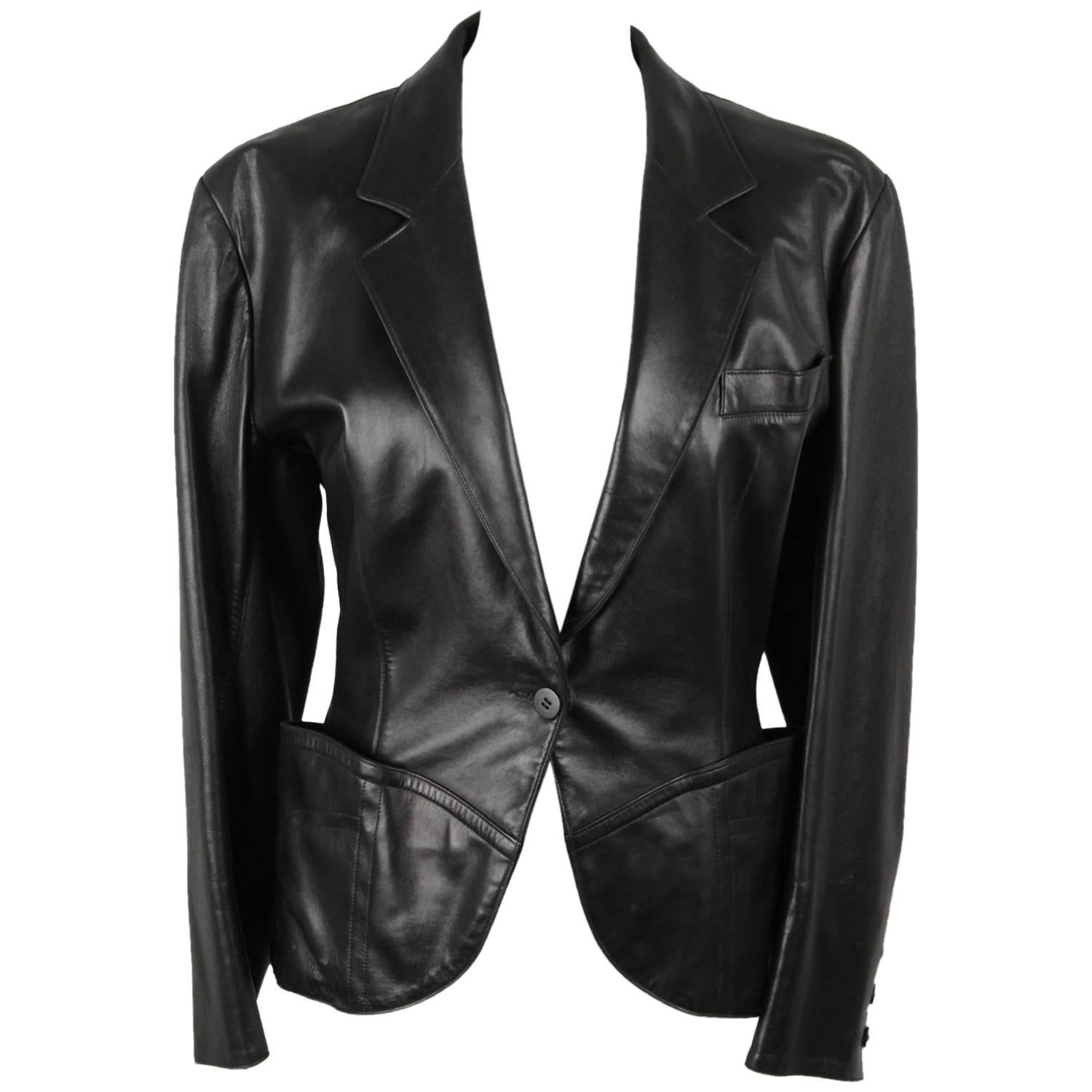 AZZEDINE ALAIA Vintage Schwarze Vintage Schwarze Leder-BLAZER-Jacke GRÖSSE 40