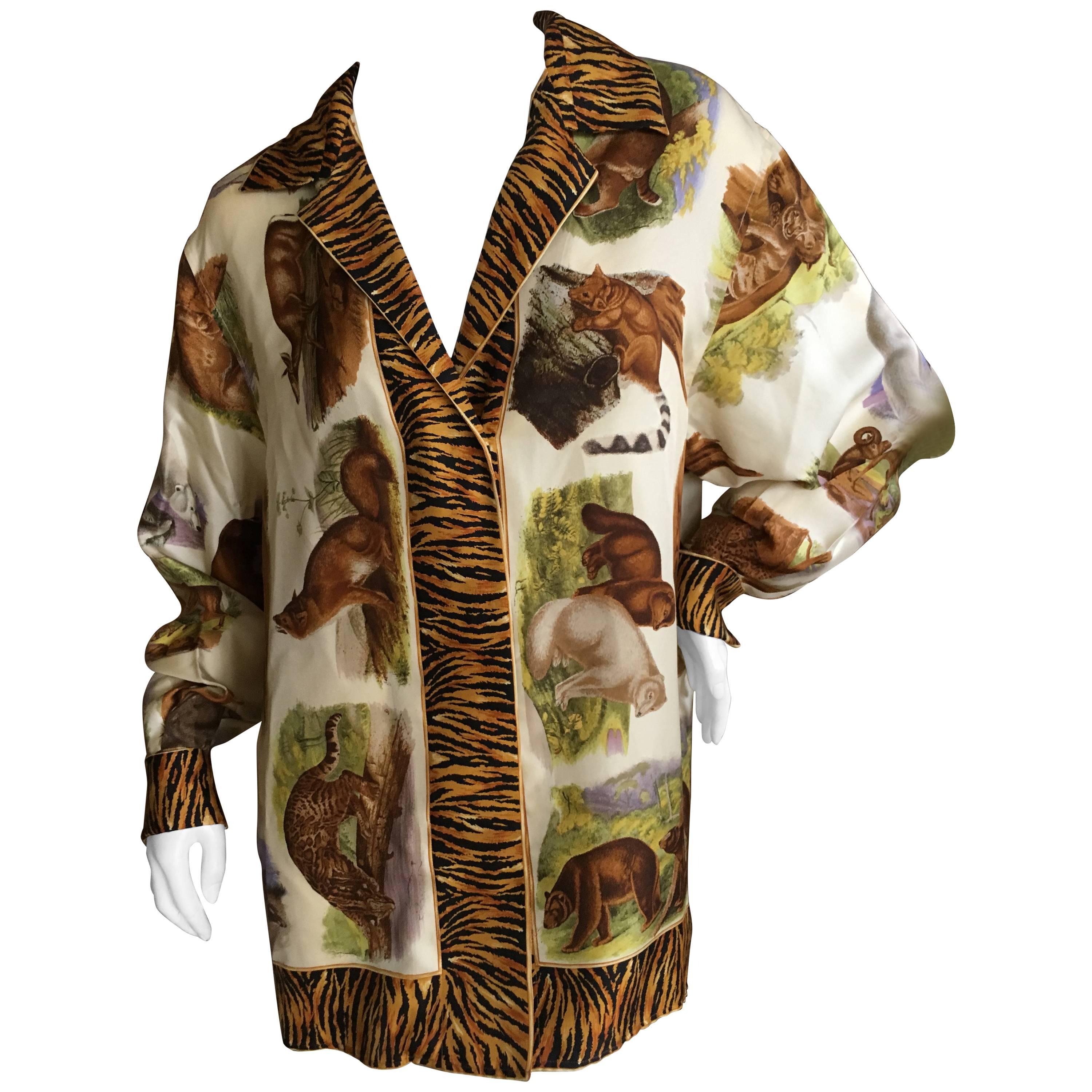 Gucci Animal Print Scarf Silk Vintage Blouse with GG Cufflinks